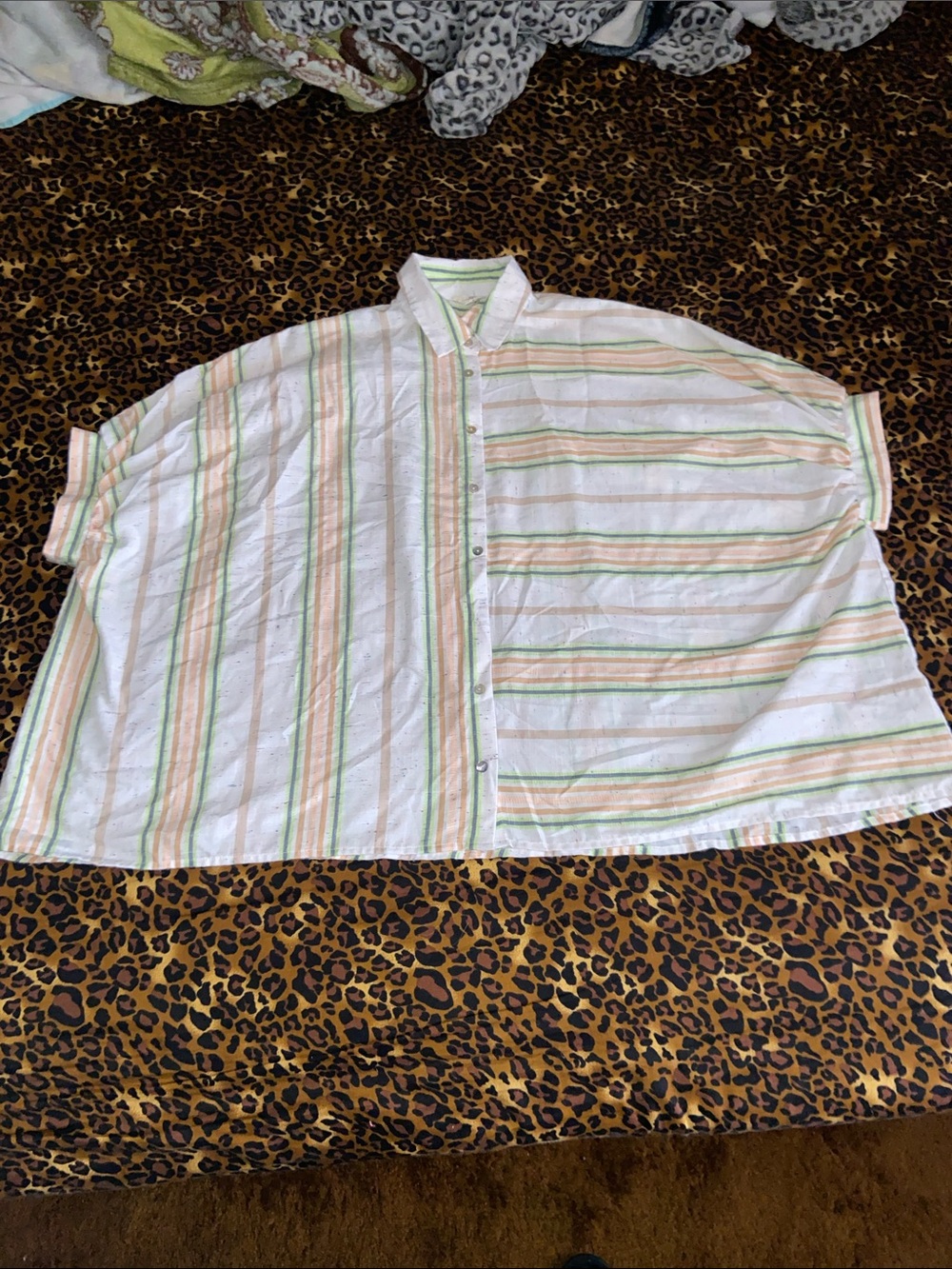 entro White Oversized Button-Up Shirt with Green and Peach Stripes